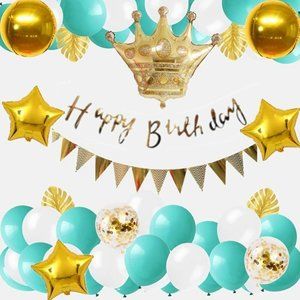 Happy Birthday Balloon Banner Decoration Kit - Gold Birthday Banner + Teal